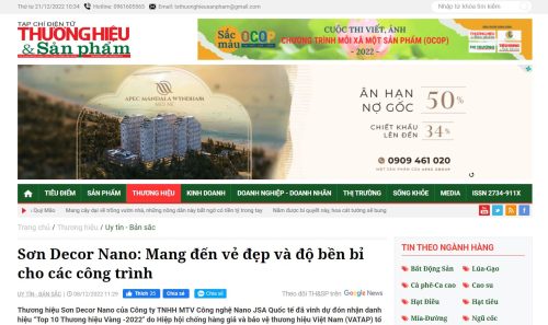 Read more about the article Tạp chí THƯƠNG HIỆU & SẢN PHẨM đánh giá Sơn Decor Nano “Mang đến vẻ đẹp và độ bền bỉ cho các công trình”